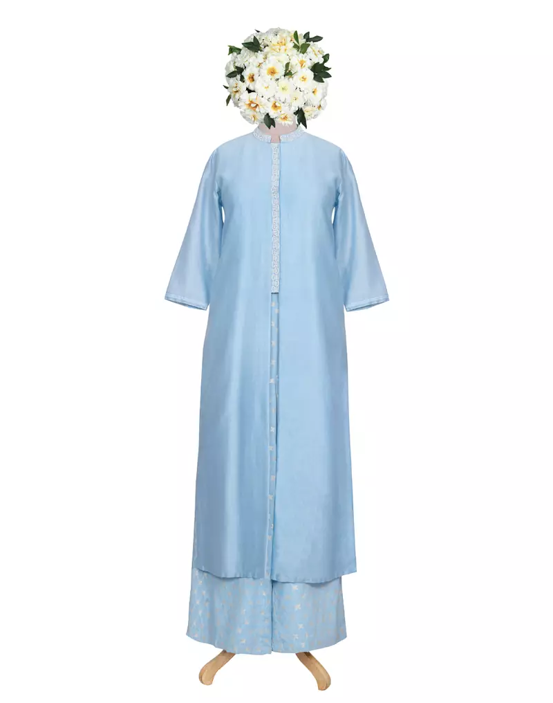Denim Blue White Kardana and Resham Chanderi readymade kurta set