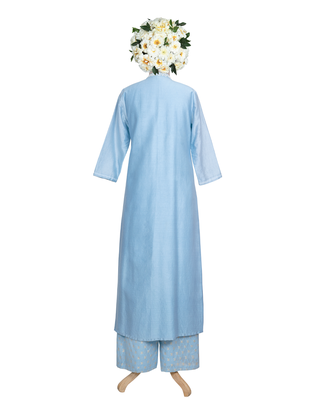 Denim Blue White Kardana and Resham Chanderi readymade kurta set 3