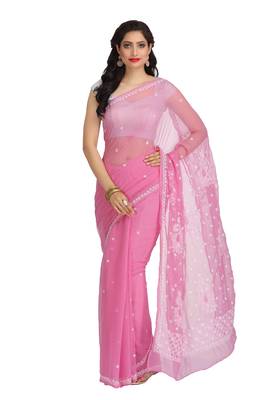 Ada Hand Embroidered Pink Faux Georgette Lucknowi Chikankari Women Saree With Blouse - A84006 1