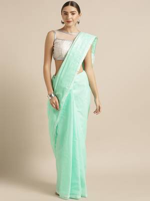 Sea Green Embroidered Cotton Saree With Blouse 1
