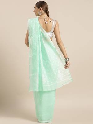 Sea Green Embroidered Cotton Saree With Blouse 2