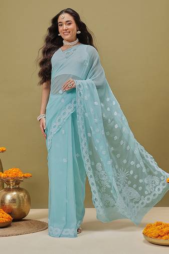 Hand Crafted Green Faux Georgette Lucknowi Chikankari Indian Women Saree With Blouse
