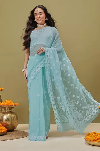 Hand Crafted Green Faux Georgette Lucknowi Chikankari Indian Women Saree With Blouse