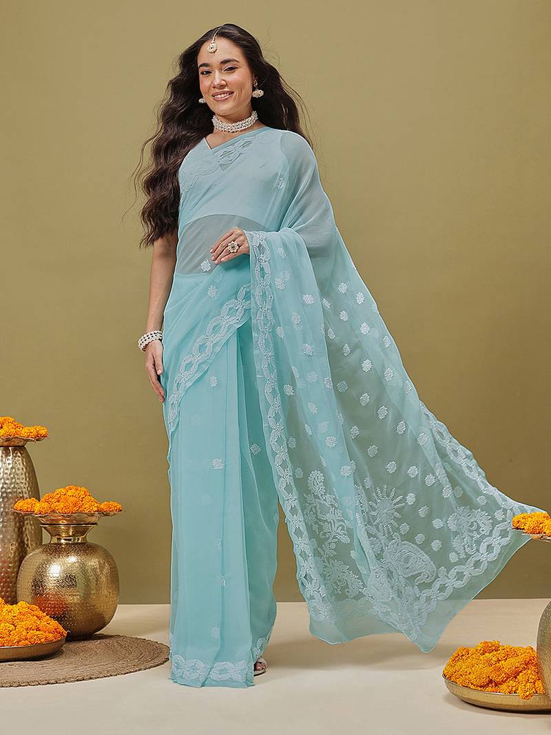 Hand Crafted Green Faux Georgette Lucknowi Chikankari Indian Women Saree With Blouse