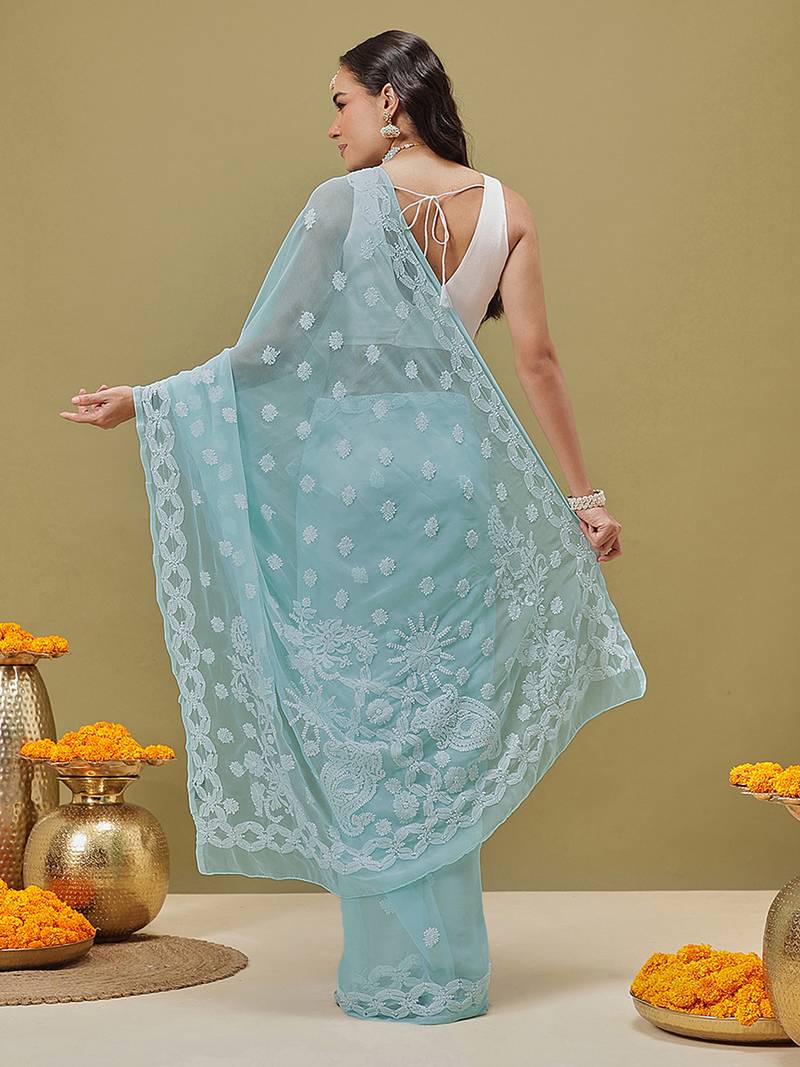 Hand Crafted Green Faux Georgette Lucknowi Chikankari Indian Women Saree With Blouse