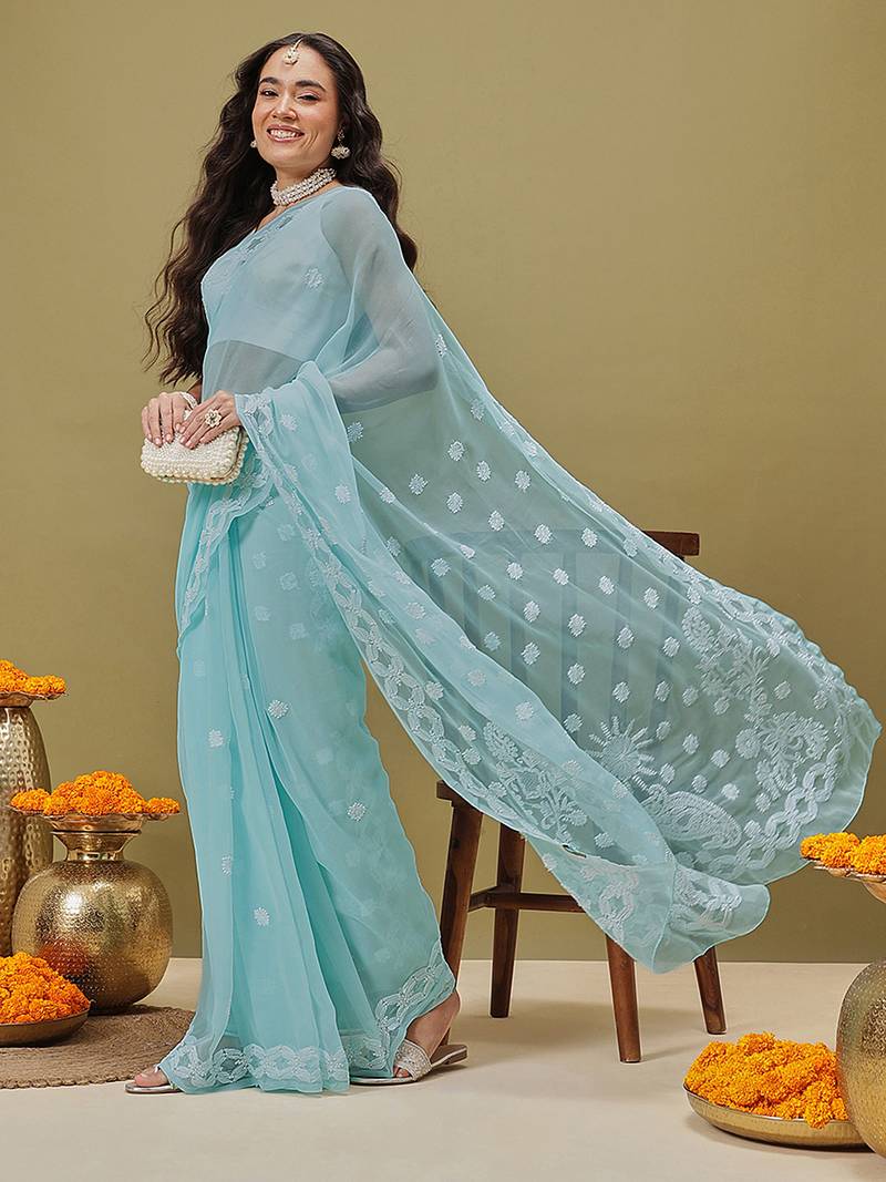 Hand Crafted Green Faux Georgette Lucknowi Chikankari Indian Women Saree With Blouse