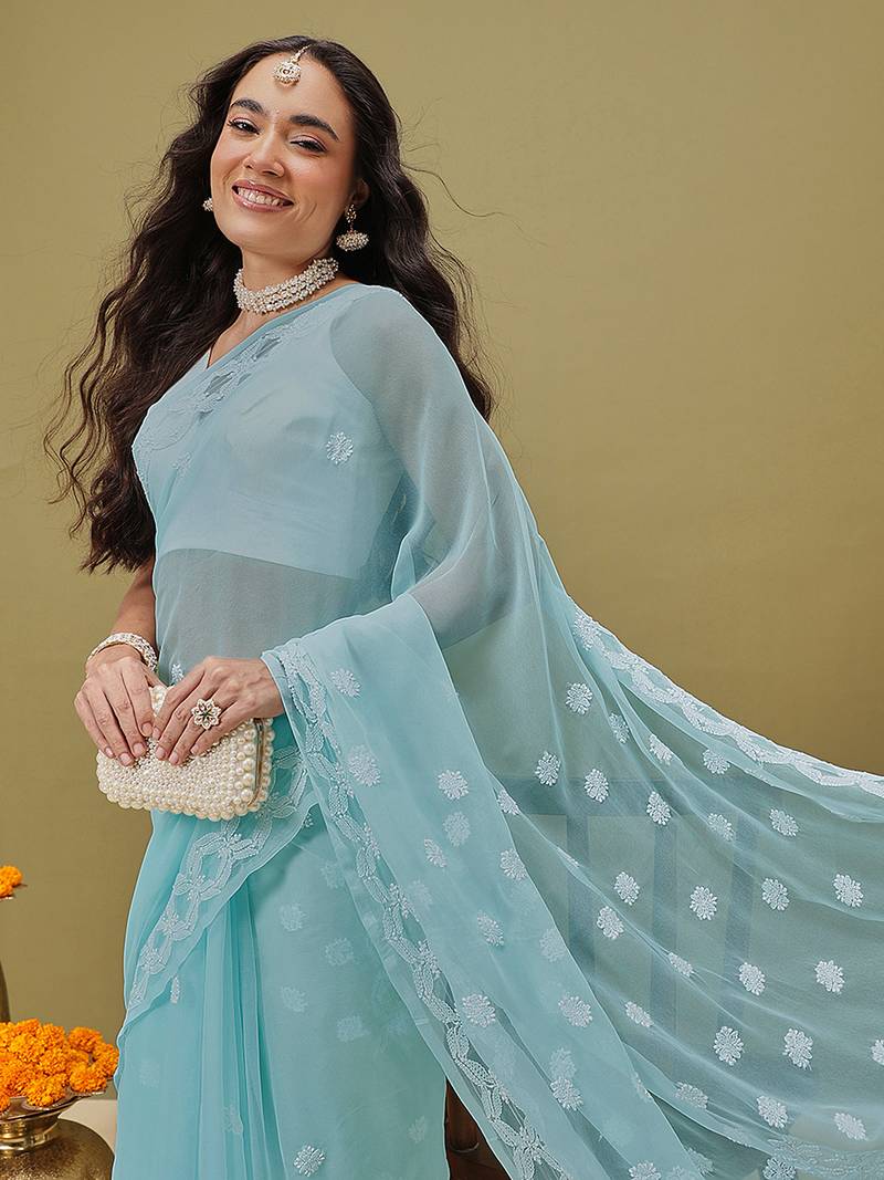 Hand Crafted Green Faux Georgette Lucknowi Chikankari Indian Women Saree With Blouse