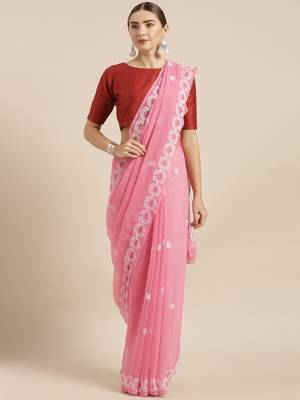 Ada Hand Embroidered Pink Georgette Saree With Blouse - A204743 1
