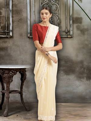 Hand Crafted Beige Georgette Lucknowi Chikankari Indian Women Saree With Blouse 1