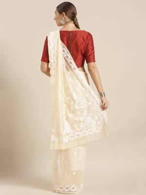 Hand Crafted Beige Georgette Lucknowi Chikankari Indian Women Saree With Blouse 2