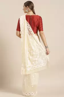 Hand Crafted Beige Georgette Lucknowi Chikankari Indian Women Saree With Blouse