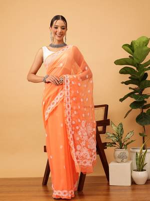 Ada Hand Embroidered Rust Georgette Lucknowi Chikankari Saree With Blouse A129558 1