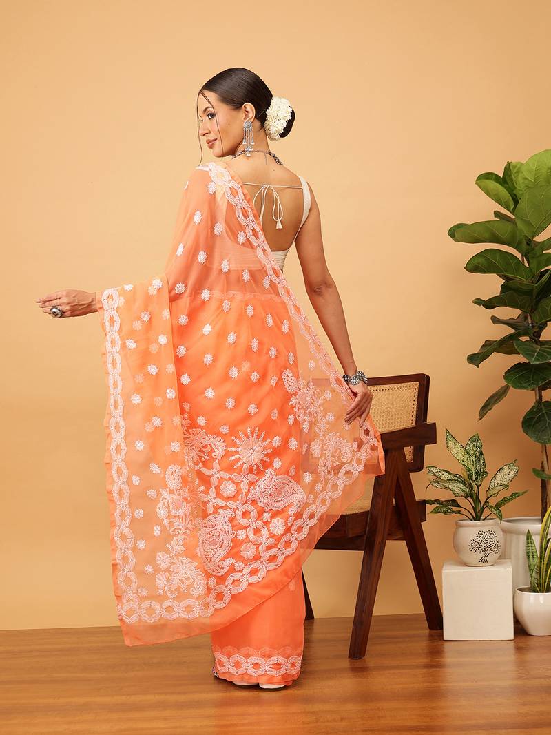 Ada Hand Embroidered Rust Georgette Lucknowi Chikankari Saree With Blouse A129558