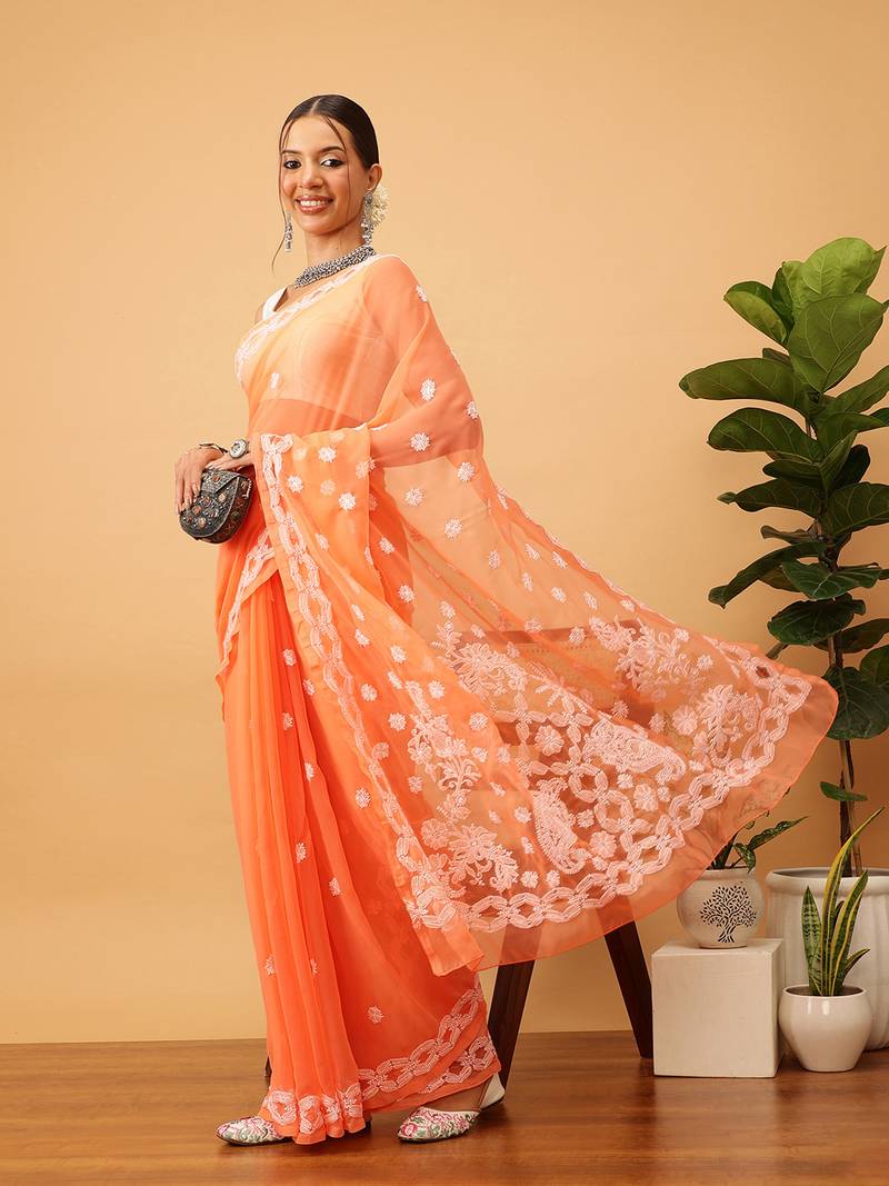 Ada Hand Embroidered Rust Georgette Lucknowi Chikankari Saree With Blouse A129558
