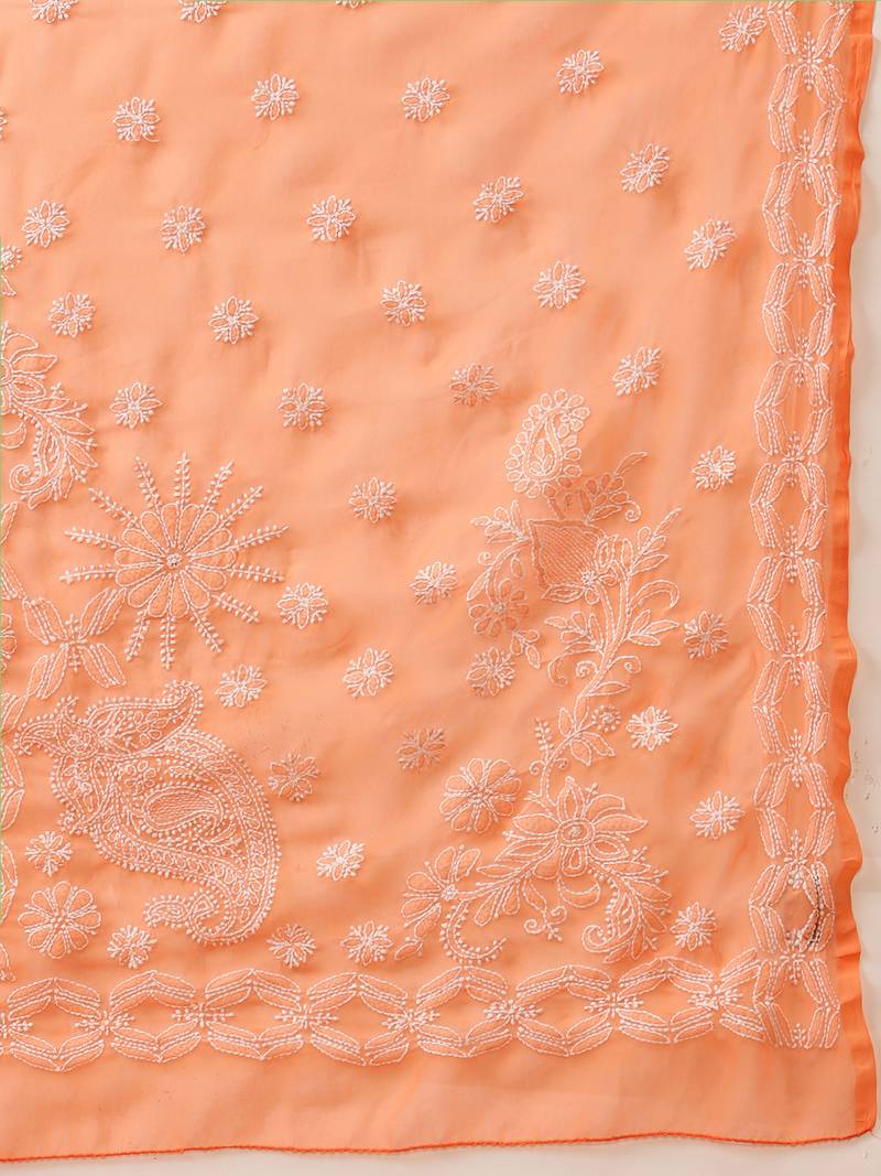 Ada Hand Embroidered Rust Georgette Lucknowi Chikankari Saree With Blouse A129558