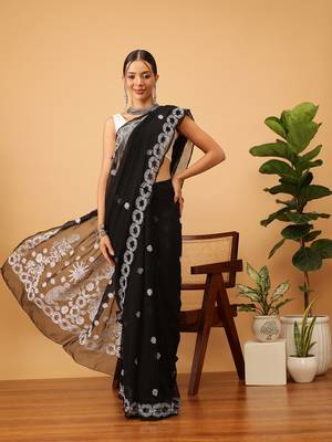 Handmade Black Georgette Lucknowi Chikankari Indian Women Saree With Blouse 1