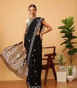 Handmade Black Georgette Lucknowi Chikankari Indian Women Saree With Blouse