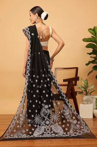Handmade Black Georgette Lucknowi Chikankari Indian Women Saree With Blouse