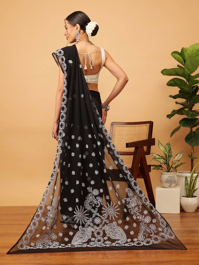 Handmade Black Georgette Lucknowi Chikankari Indian Women Saree With Blouse