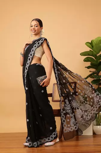 Handmade Black Georgette Lucknowi Chikankari Indian Women Saree With Blouse