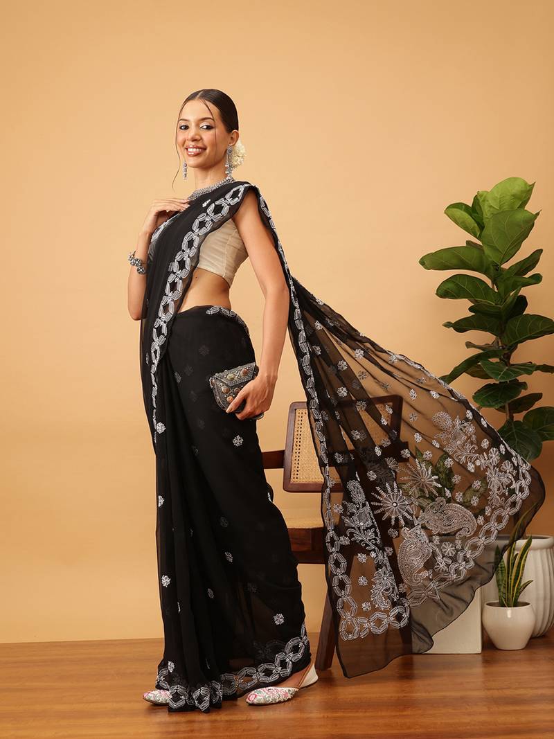 Handmade Black Georgette Lucknowi Chikankari Indian Women Saree With Blouse