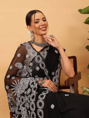 Handmade Black Georgette Lucknowi Chikankari Indian Women Saree With Blouse 4
