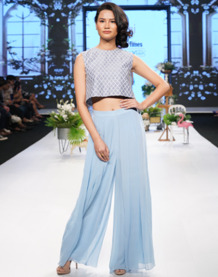 Denim Blue Resham and Kardana raw silk crop top set 1