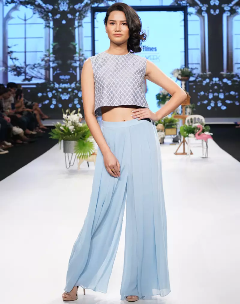 Denim Blue Resham and Kardana raw silk crop top set