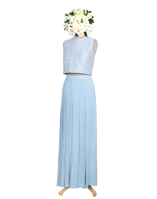 Denim Blue Resham and Kardana raw silk crop top set 2