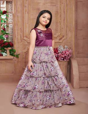 Maroon embroidered polyester kids-girl-gowns 1