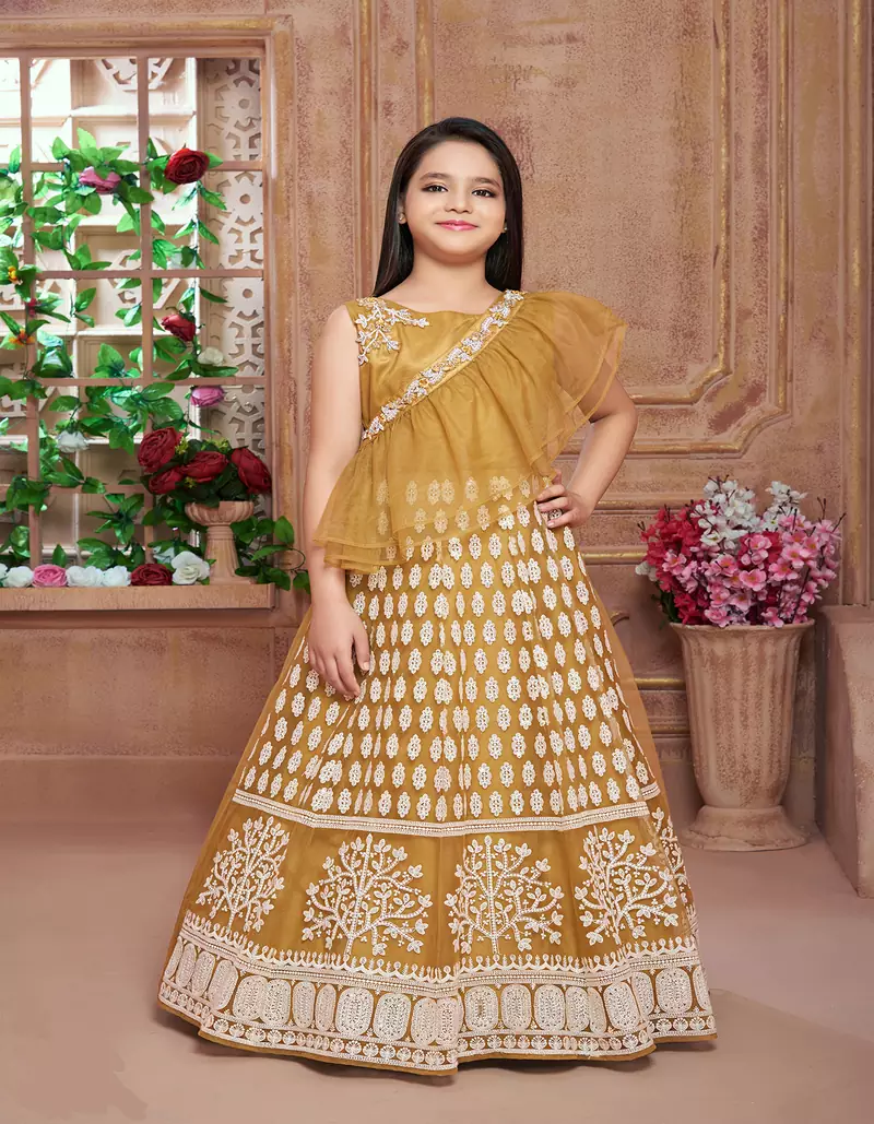 yellow embroidered polyester kids-girl-gowns