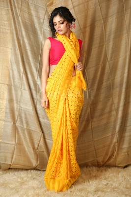 Yellow hand woven blended cotton saree  1
