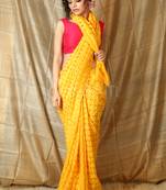Yellow hand woven blended cotton saree 
