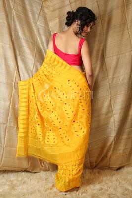 Yellow hand woven blended cotton saree  2