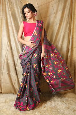 Grey hand woven blended cotton saree  1