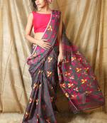 Grey hand woven blended cotton saree 