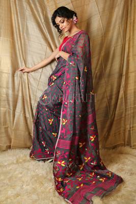 Grey hand woven blended cotton saree  2