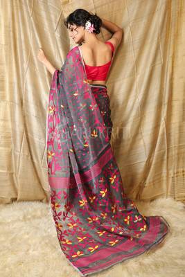 Grey hand woven blended cotton saree  3