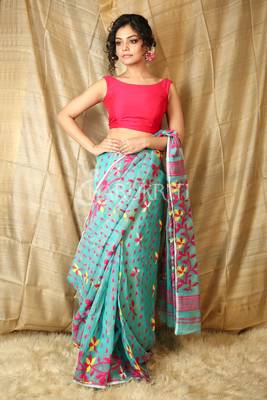 Green hand woven blended cotton saree  1