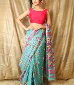 Green hand woven blended cotton saree 