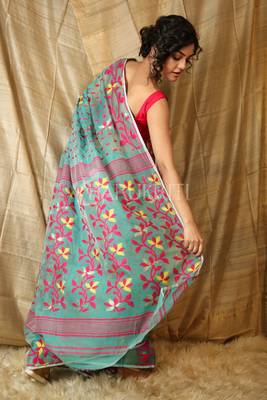 Green hand woven blended cotton saree  3