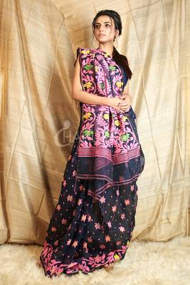 Blue hand woven blended cotton saree  1