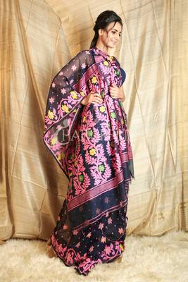 Blue hand woven blended cotton saree  2