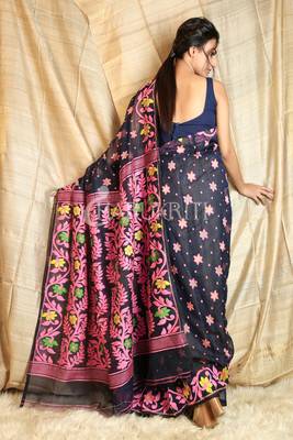 Blue hand woven blended cotton saree  3