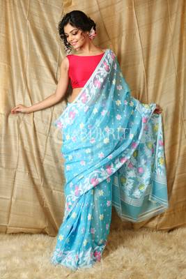 Sky blue hand woven blended cotton saree  1