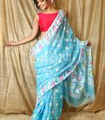Sky blue hand woven blended cotton saree 