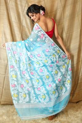 Sky blue hand woven blended cotton saree  2