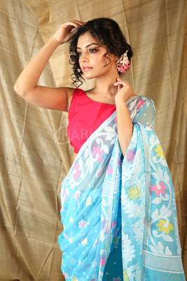 Sky blue hand woven blended cotton saree  3