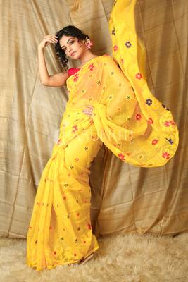 Yellow hand woven blended cotton saree  1