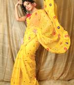Yellow hand woven blended cotton saree 